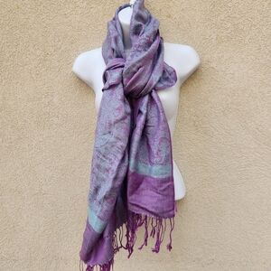 Pashmina Scarf Purple Silk Fringe Shawl Wrap Floral 27 x 70